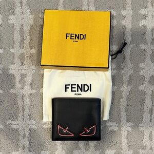 Fendi Black Leather Wallet with Red Eye Appliqués